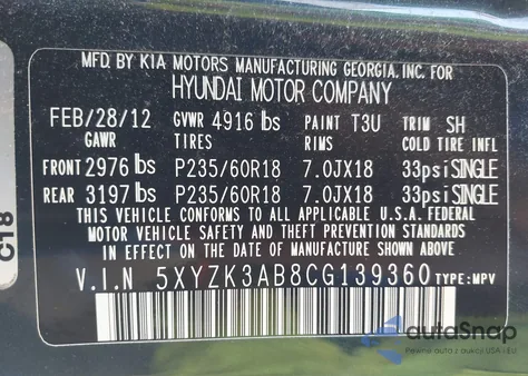 2012 Hyundai Santa Fe Limited z USA, uszkodzony, nr VIN 5XYZK3AB8CG139360